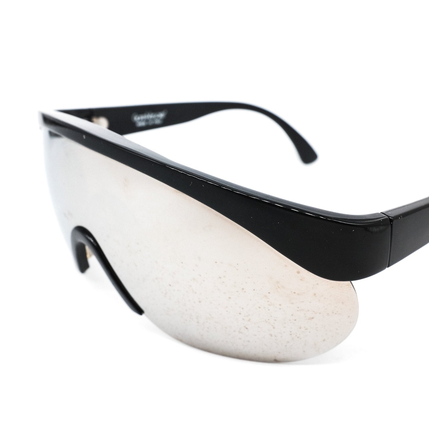 Gianni Versace black futuristic wrap sunglasses with brown mirrored shield lenses, NOs 90s Italy