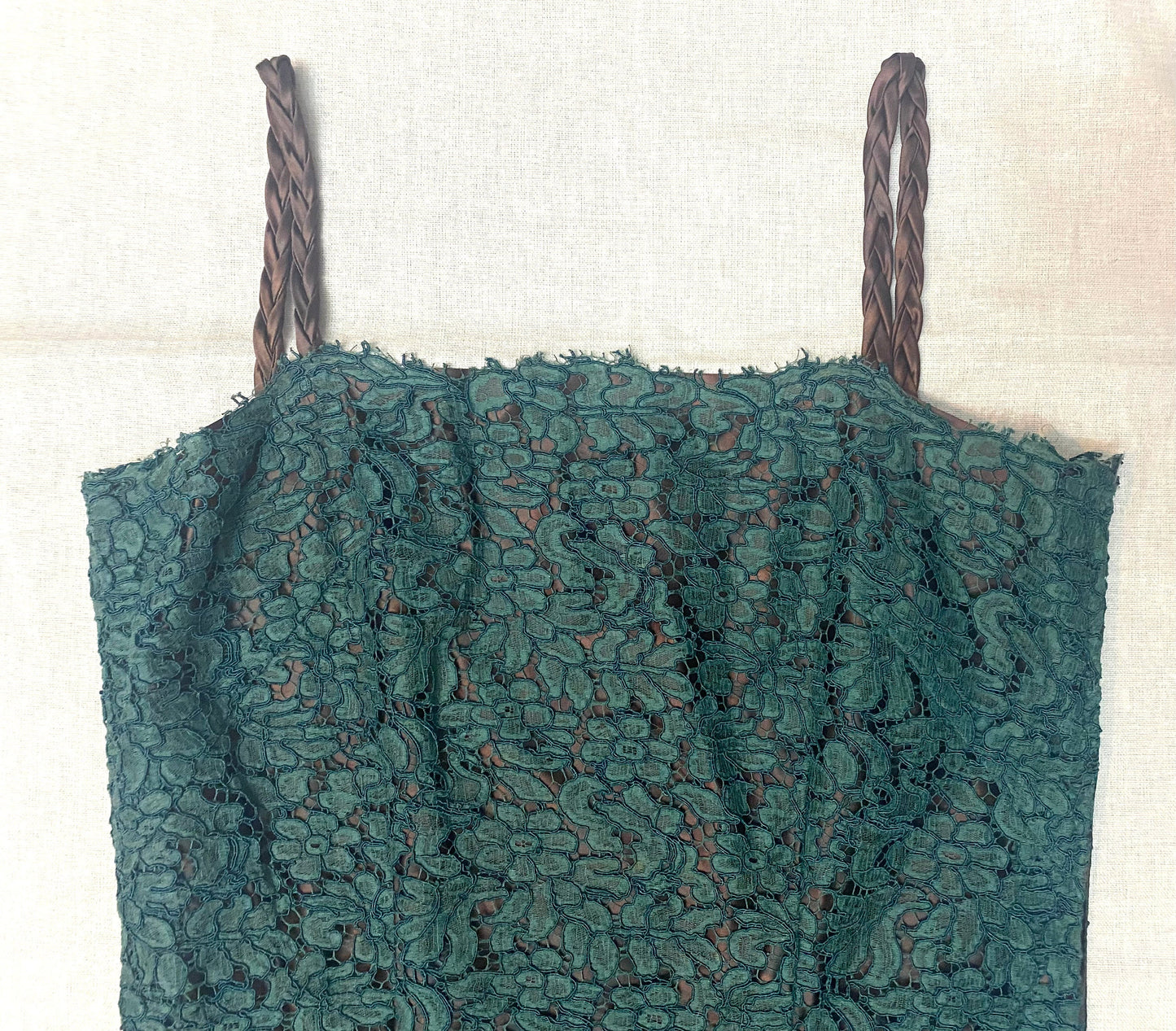 Delicious 1950s jade green laces -brown silk tailor made dress + shawl set, mint