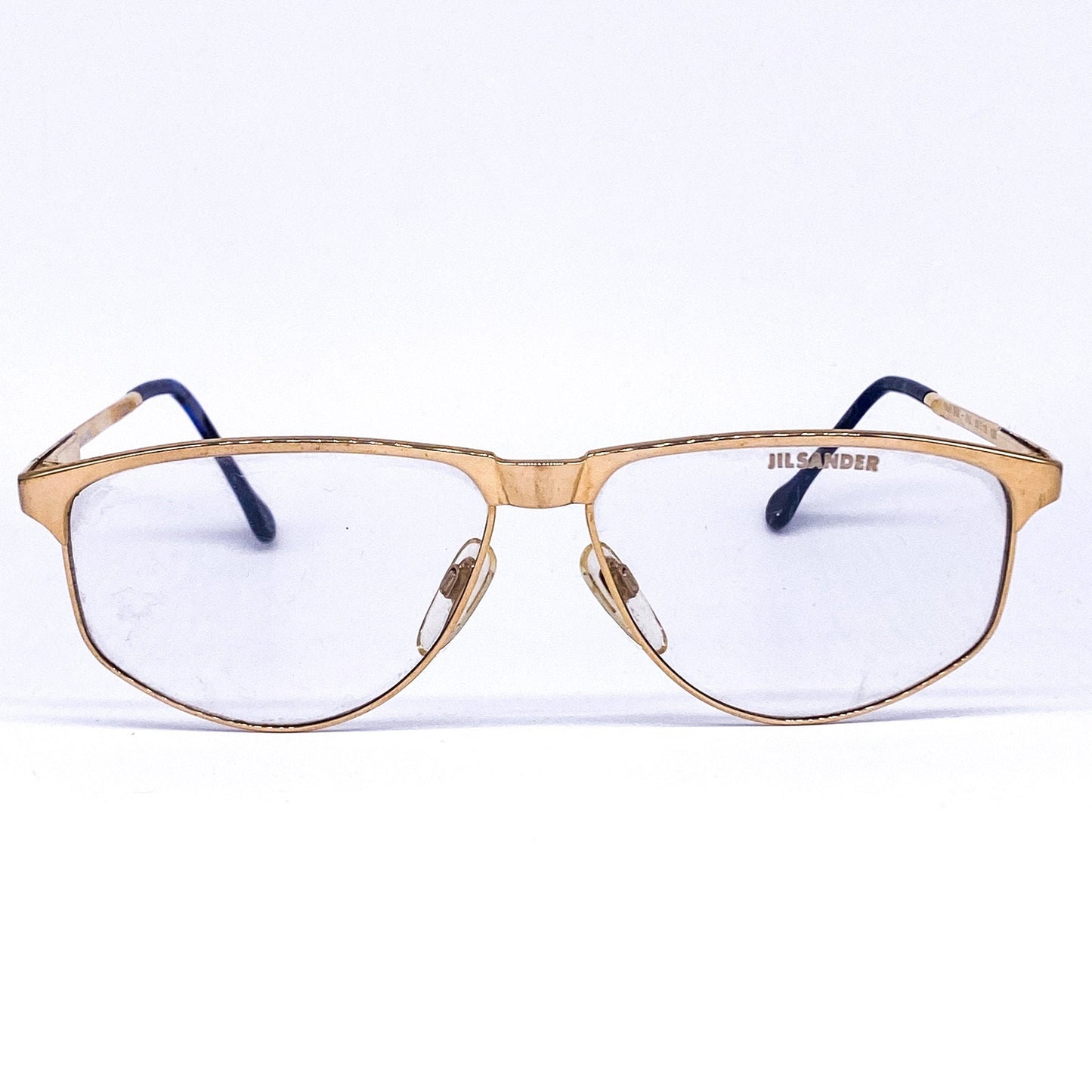 Jil Sander gold metallic oval eyeglasses frames with deep blue temple tips, Italy 80s NOS