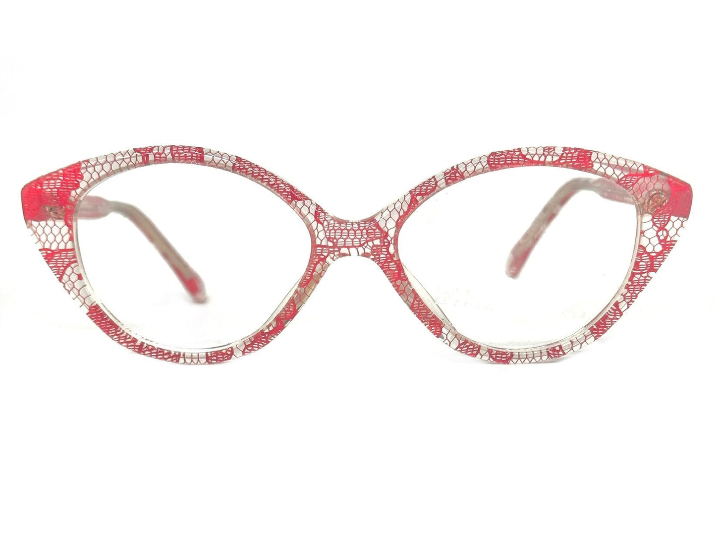 Fiorucci 218 clear cateye glasses frames w red laces inlaid, NOS 80s Italy
