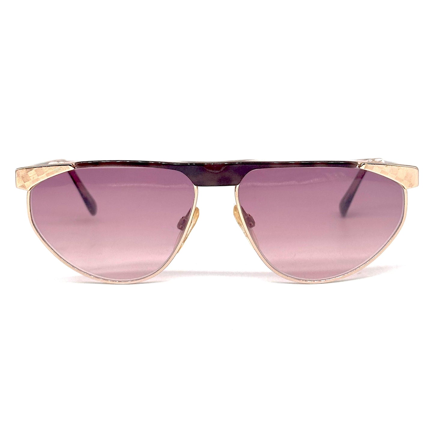 Karl Lagerfeld 109 58 903 brown tortoise and gold frame with chess detail on the sides vintage sunglasses w/ gradient purple lens, NOS