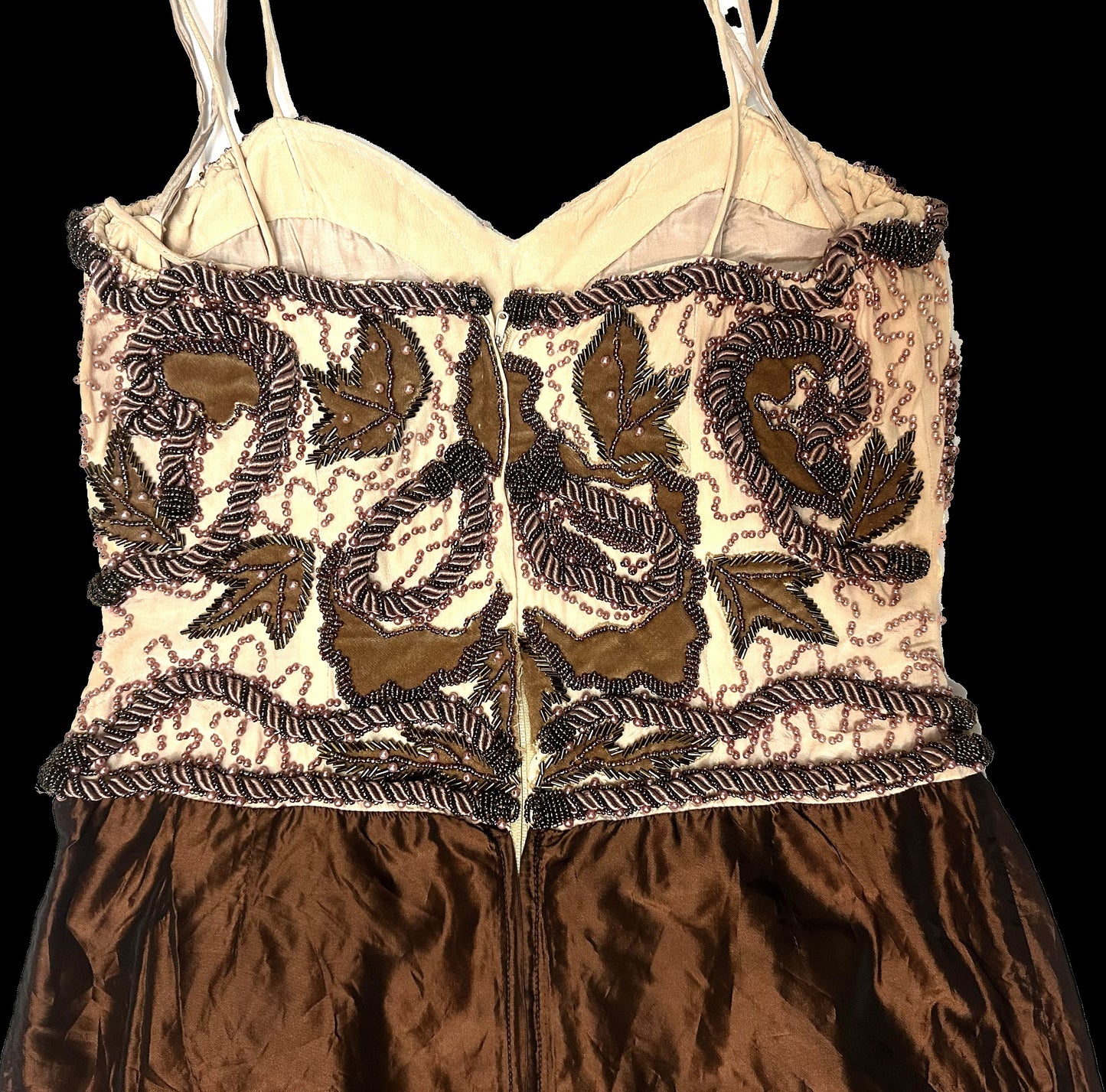 Gorgeous copper/pink tones hand embroidered pure silk dress made in India, 80s sz M