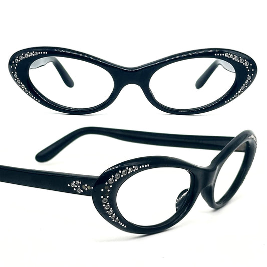 Black vintage Depose cateye glasses with Swarovski  decoration detail on the sides Made in France 1950s luxury style