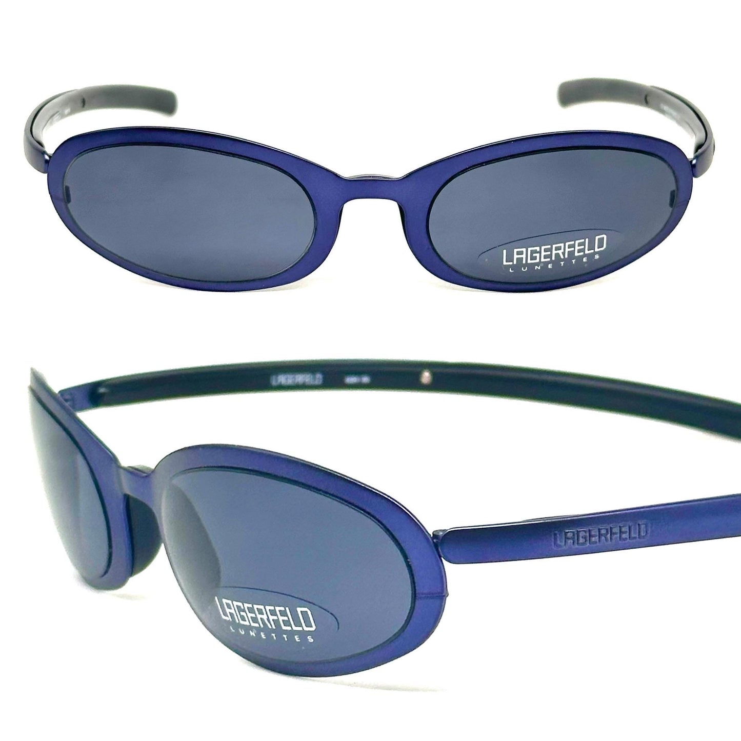 Karl Lagerfeld 4201 oval recatngle wrap around metallic blue and black sunglasses 1990s, NOS