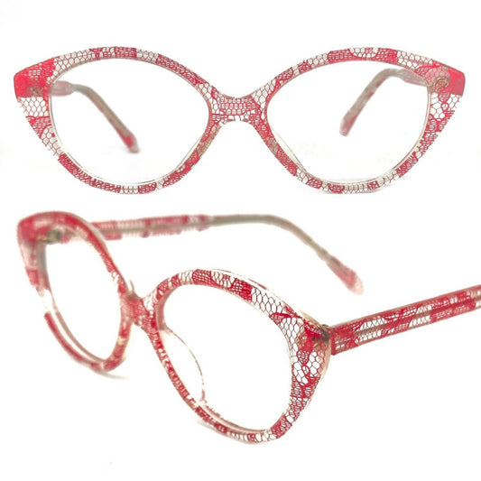 Fiorucci 218 clear cateye glasses frames w red laces inlaid, NOS 80s Italy