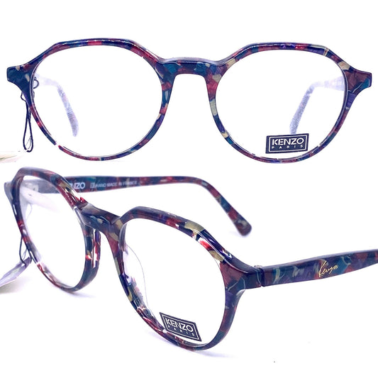 Kenzo K069 Chaplin cool retro round flat brow dark multicolor acetate eyeglasses hand made in France, 80s NoS