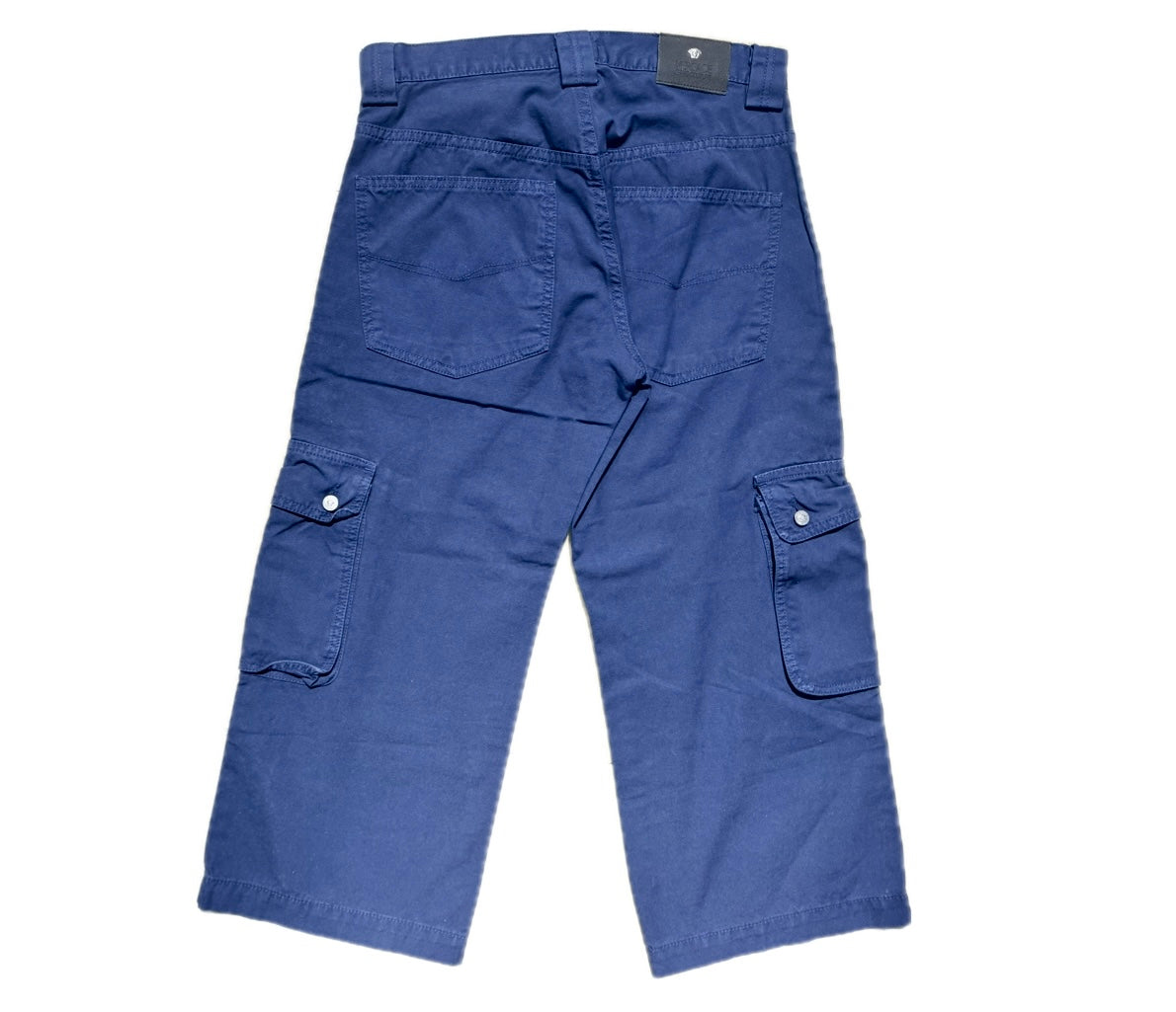 Versace Jeans Couture BNWT blue cotton capri cargo trousers w Medusa buttons, sz 28 & 30 available.