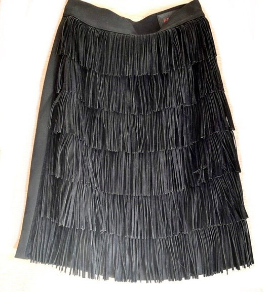 Istante by Versace 90s cady wool skirt w suede fringes on the front, sz 40 / S / 26-27 US