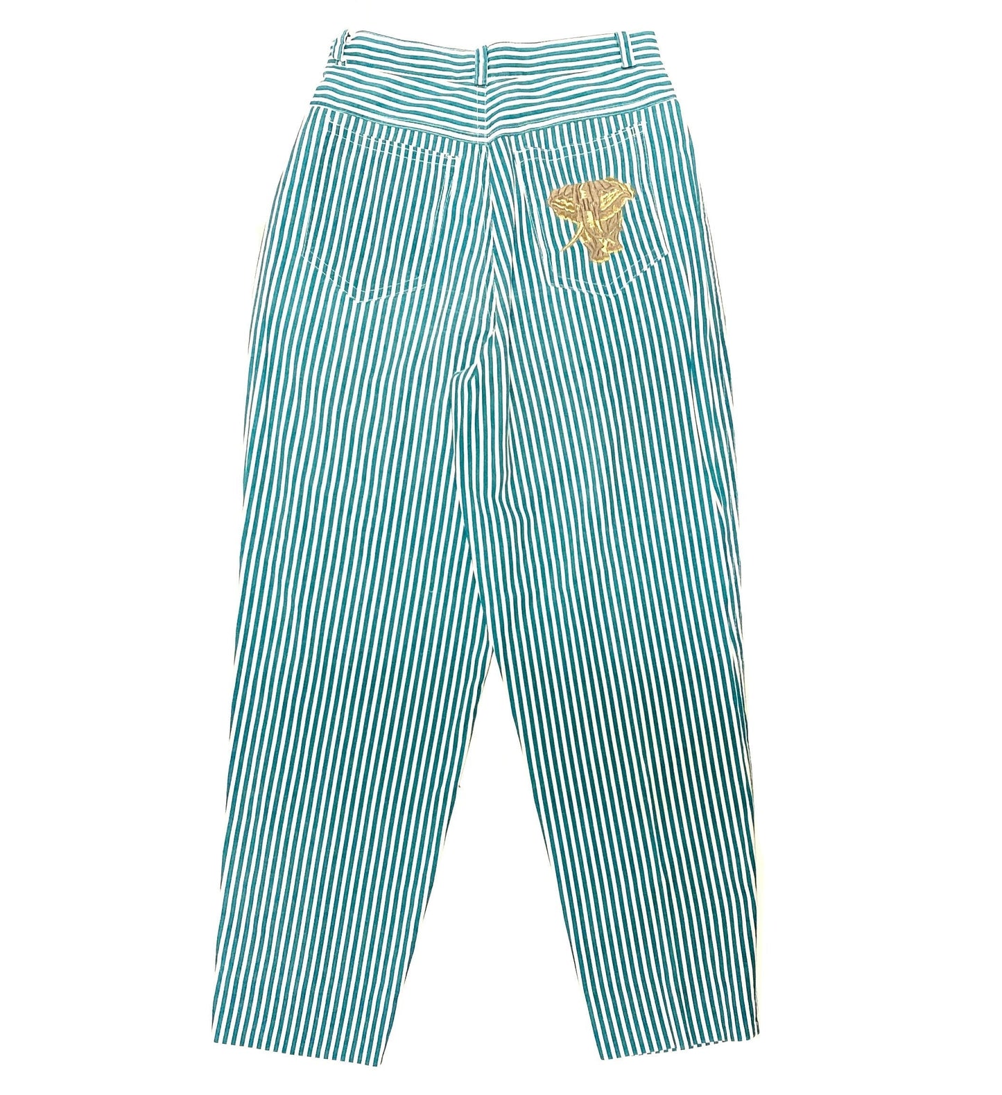 Mania preppy white/green striped trousers w elephant embroidered, sz 28/ 42 ita NOS 80s Italy