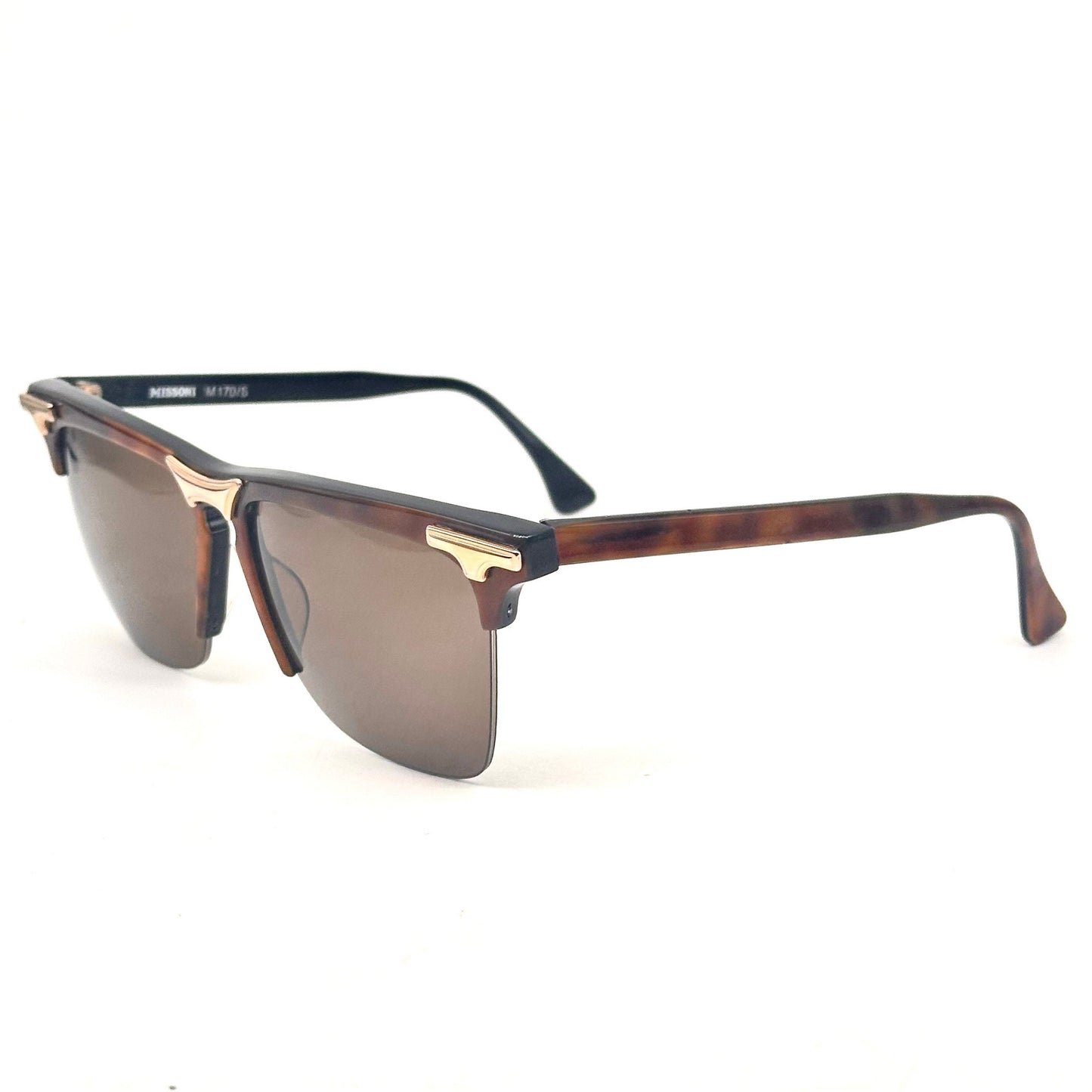 Missoni M170/S square sunglasses, brown tortoise with golden metal details, NOS 80s Italy