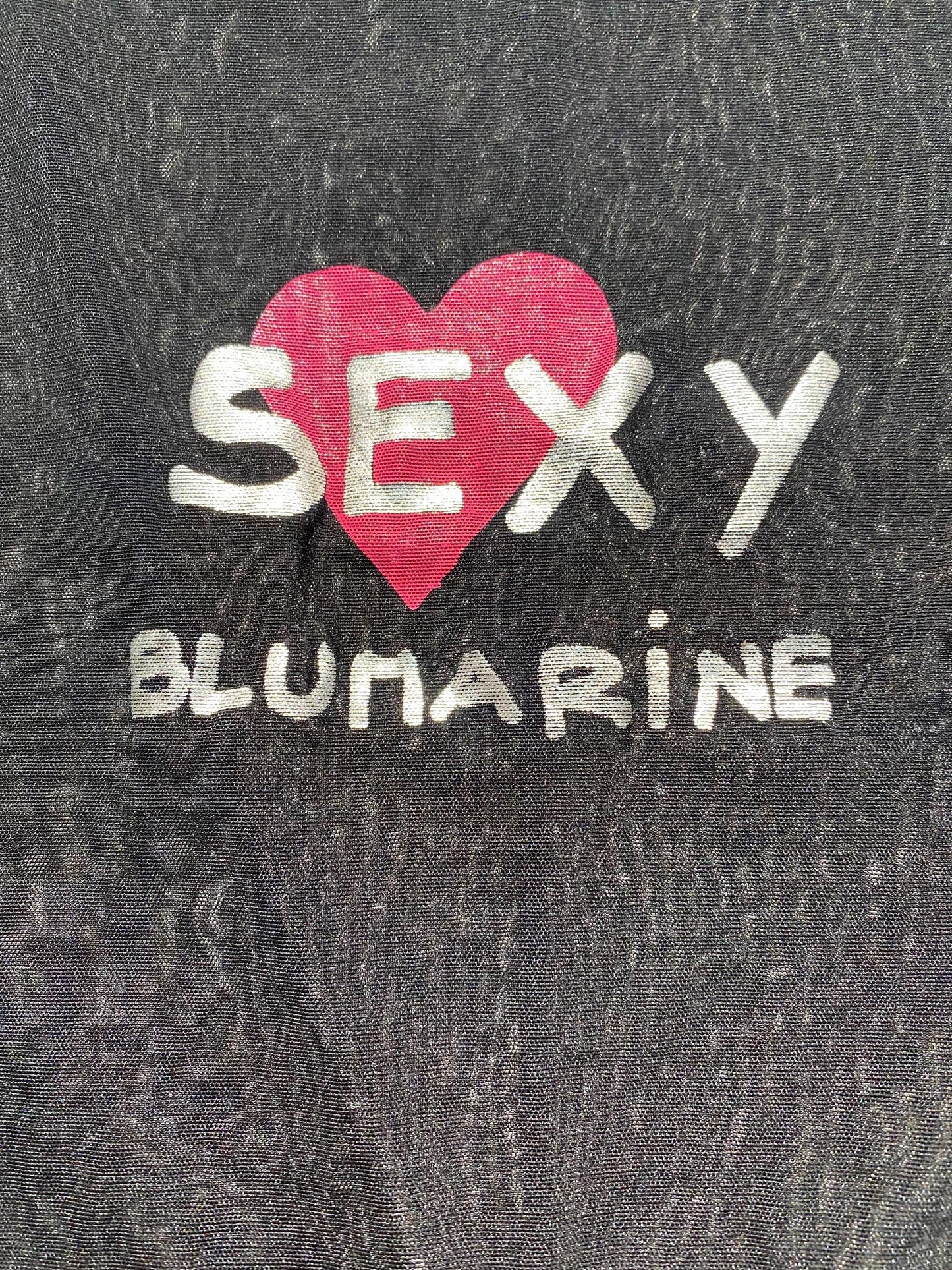 Blumarine black Lycra bodysuit, translucent & shiny fine mesh fabric w iconic “Sexy Blumarine” heart print, NOS 90s BNWT