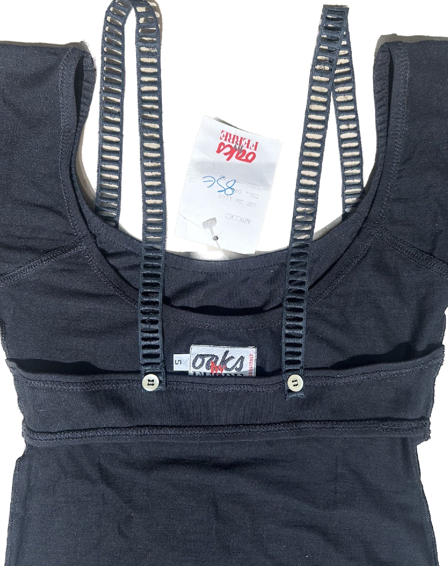 Oaks Ferrè black cotton halter top with embroidered macrame shoulder straps, NOS 80s Italy