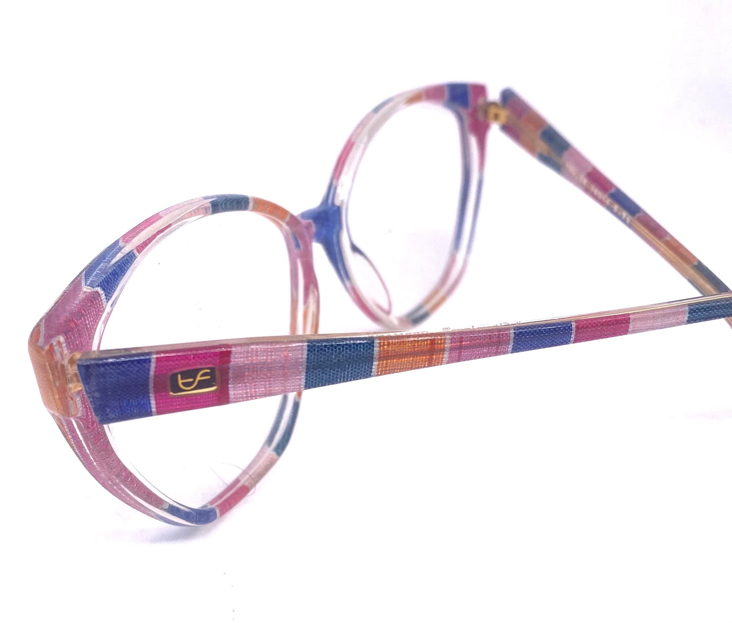 Tom Ferra colorful translucent cateye glasses w real striped silk fabric inlaid, NOS 80s Germany