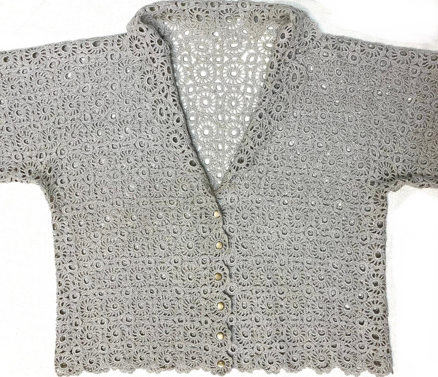 Crochet macramè grey/silver glitterswool handmade cardigan/jacket, in perfect condition and unique