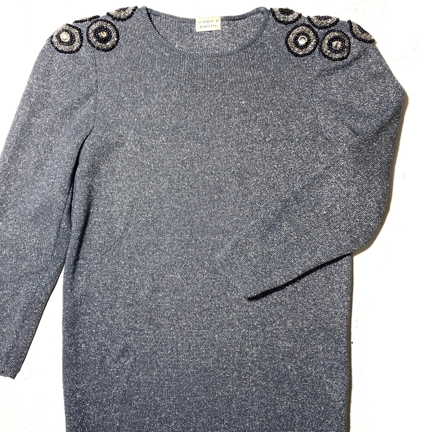 Nicolet Knitwear silver sweater dress with preciously hand embroidered shoulders, mint 80s Italy