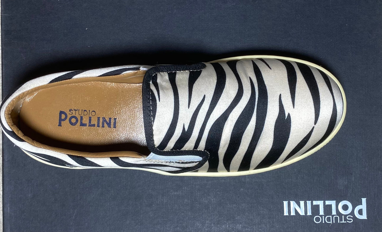 Pollini Studio satin zebra animalier slip on sneakers leather sole, brand new