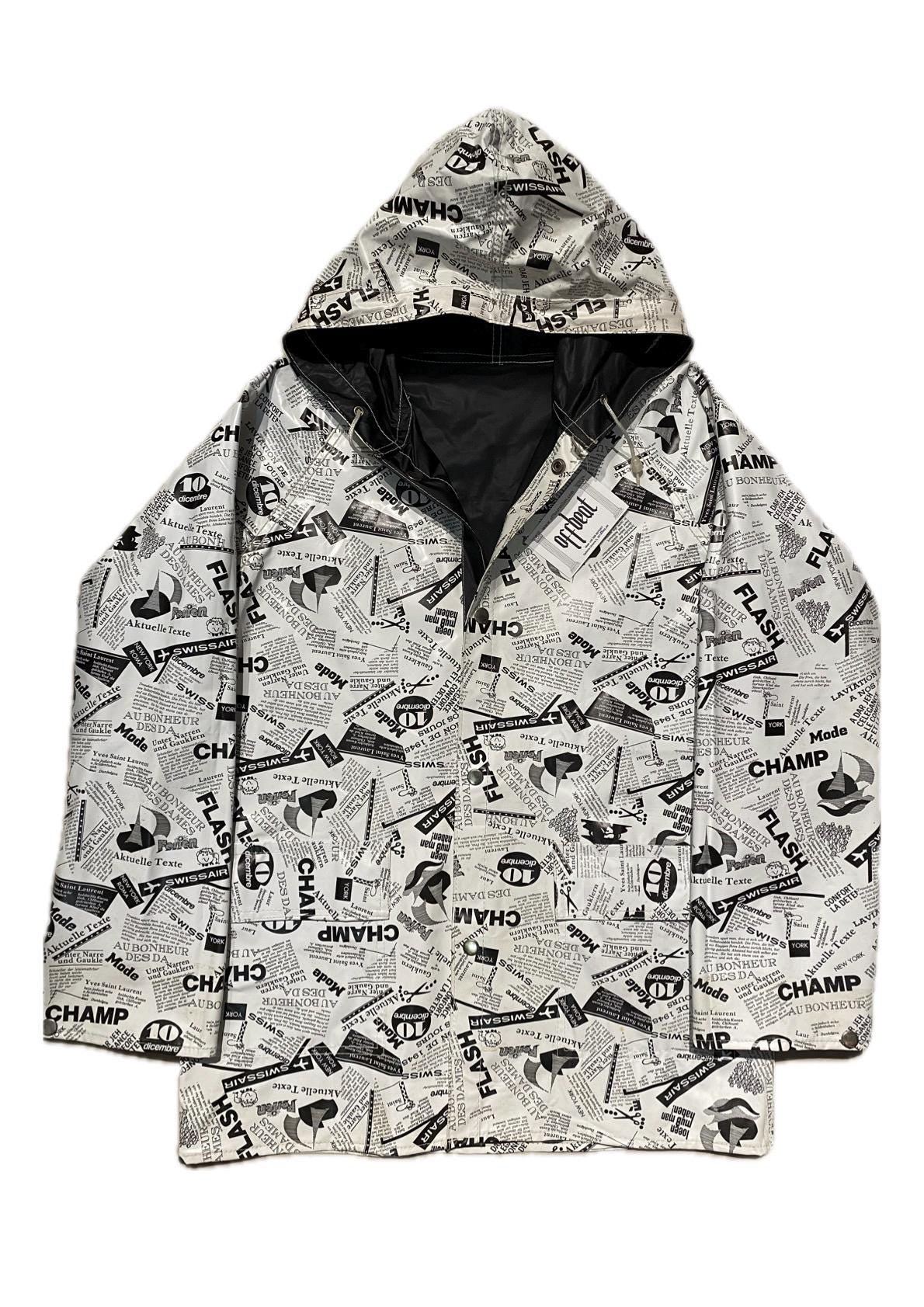 Renco Marwell hooded reversible rain jacket, black nylon & b/w fashion news print PVC jacket, sz S, XL