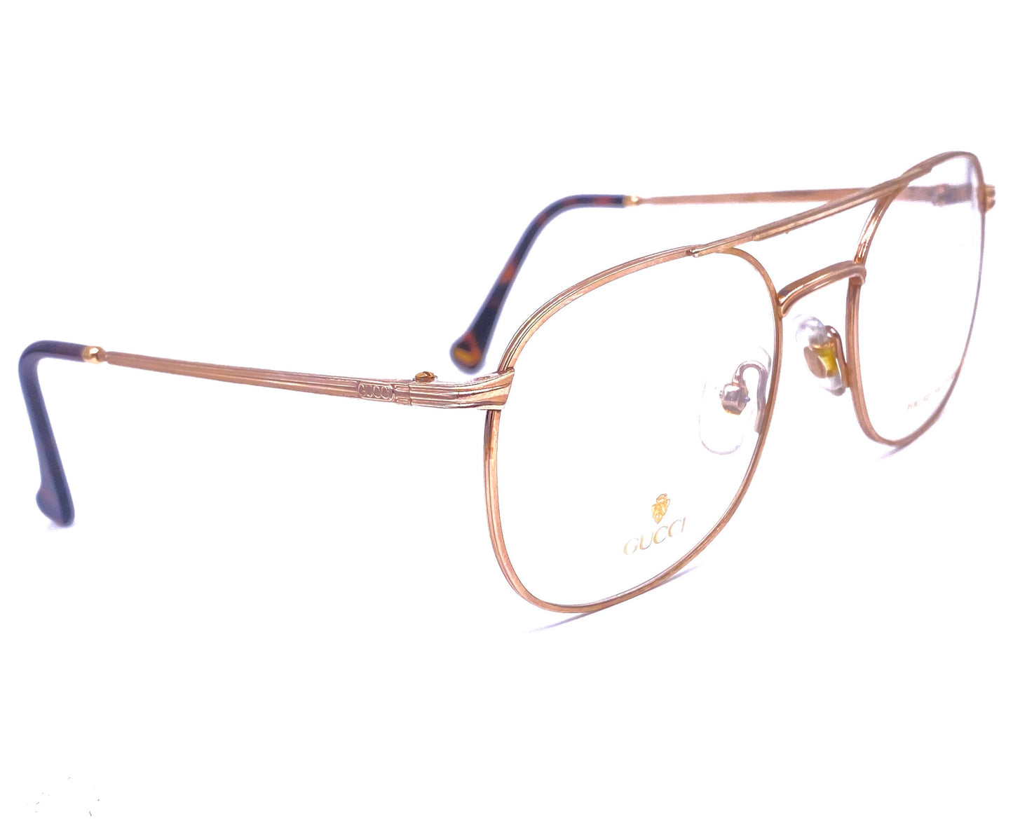 Gucci 1272 Rolled gold dbl bridge aviator eyeglasses with carved details, NOS 80s Italy
