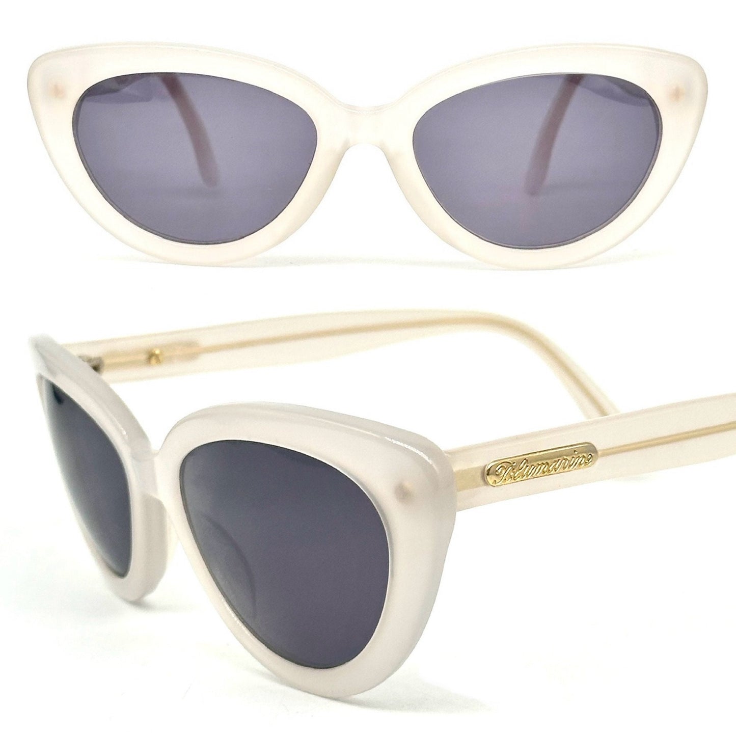Bluemarine BM521 frosted clear cello cateye sunglasses with golden logo on the sides, NOS 90s Italy