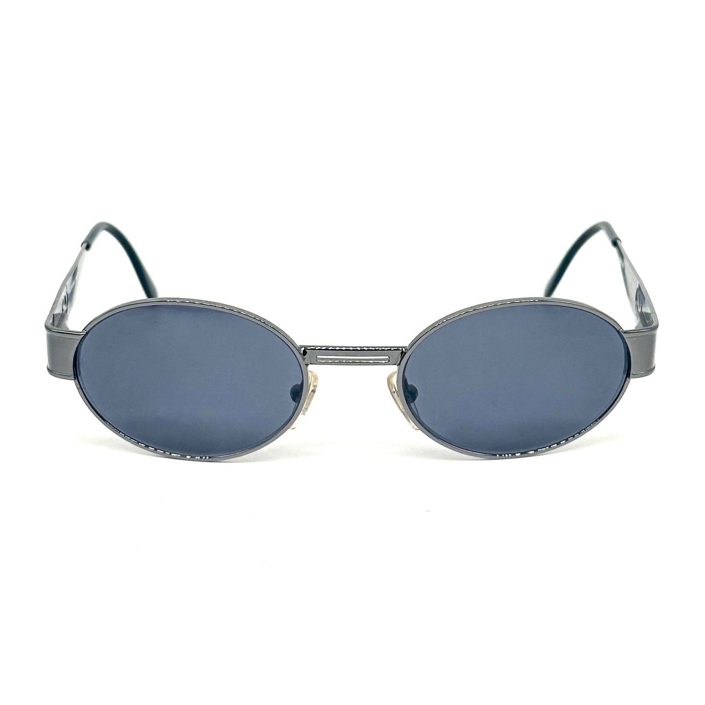 Bluemarine BM 623 oval gunmetal sunglasses w cutoff B logo, NOS 90s Italy