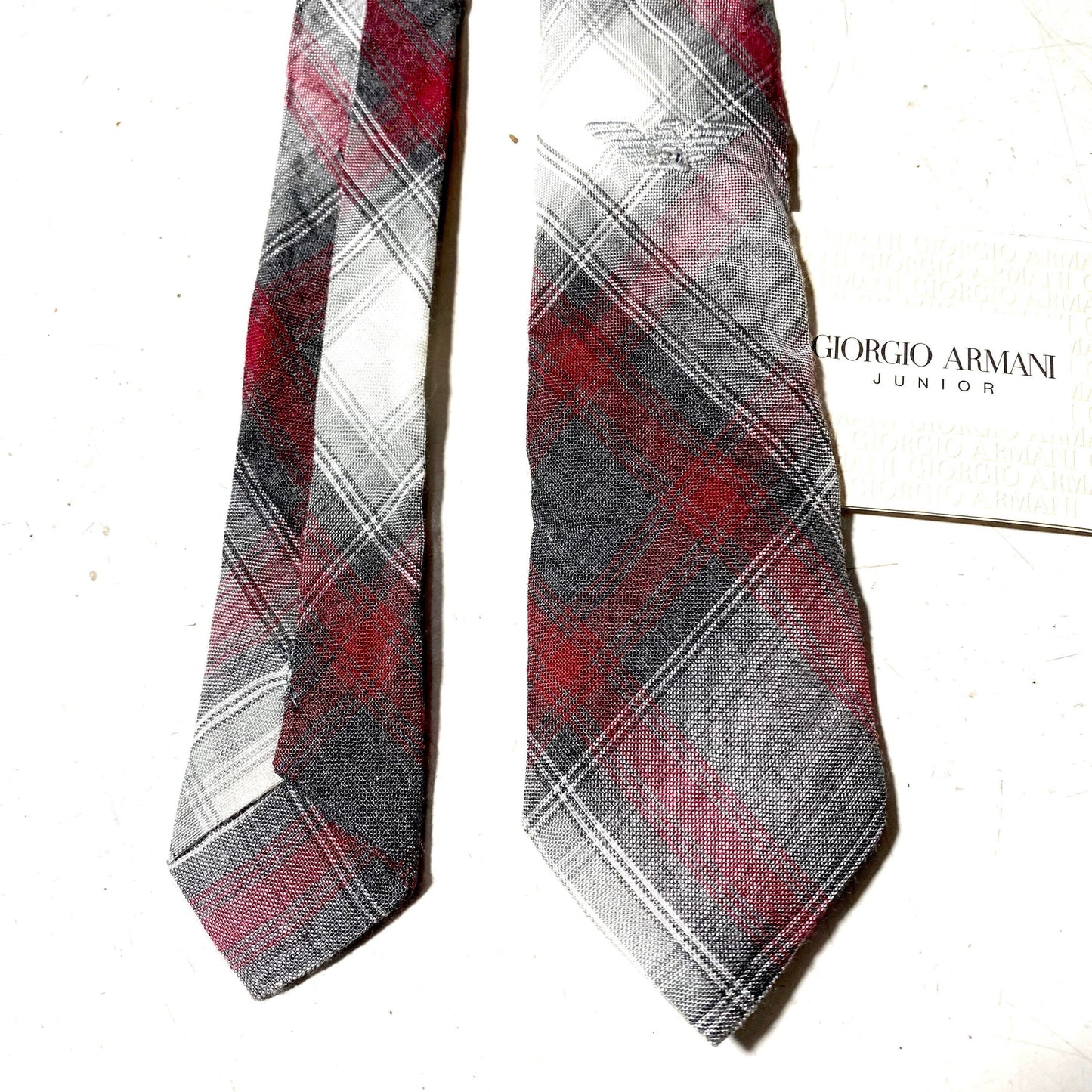 Giorgio Armani junior vintage slim cotton burgundy/grey/white tartan tie, 90s NOS, 2 available