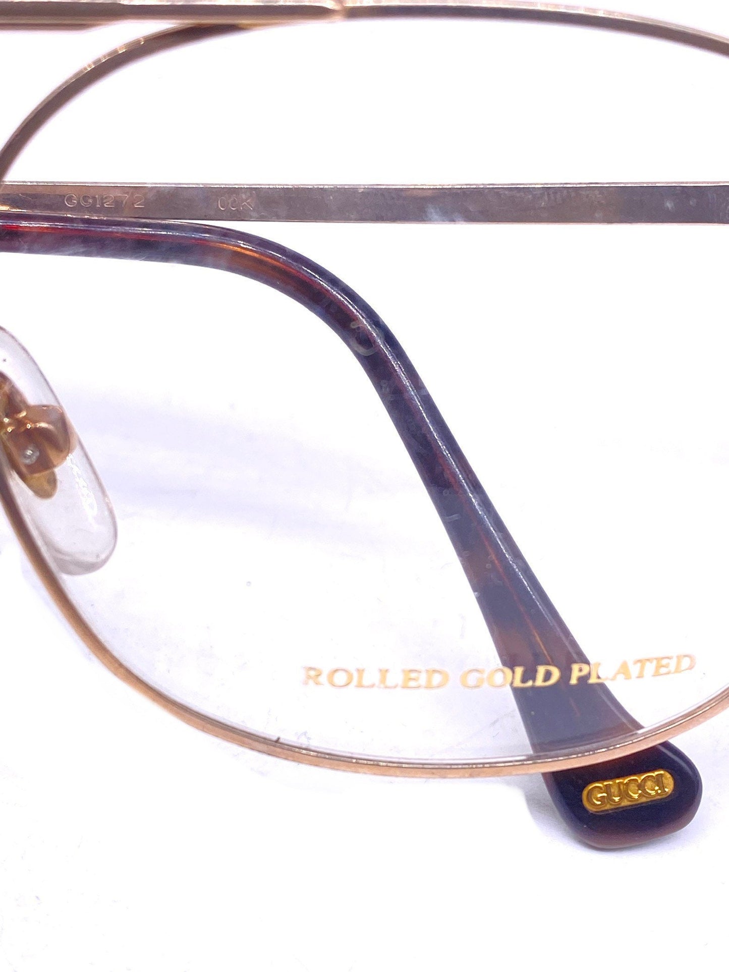 Gucci 1272 Rolled gold dbl bridge aviator eyeglasses with carved details, NOS 80s Italy