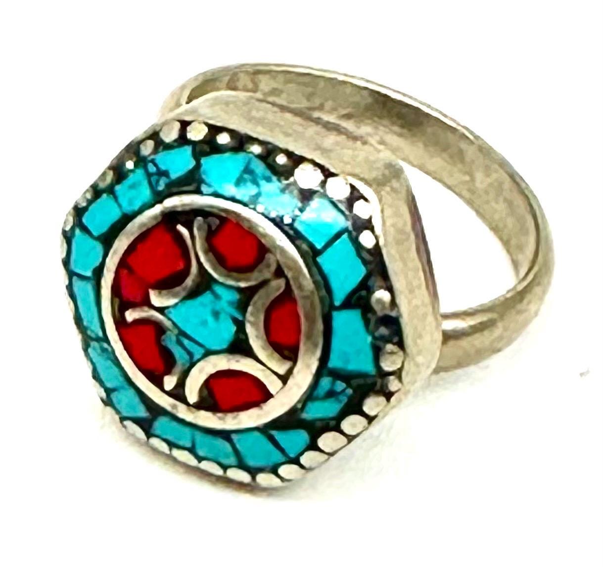 Tibetan ethnic rings w blue/red/turquoise beads/stones, adjustable