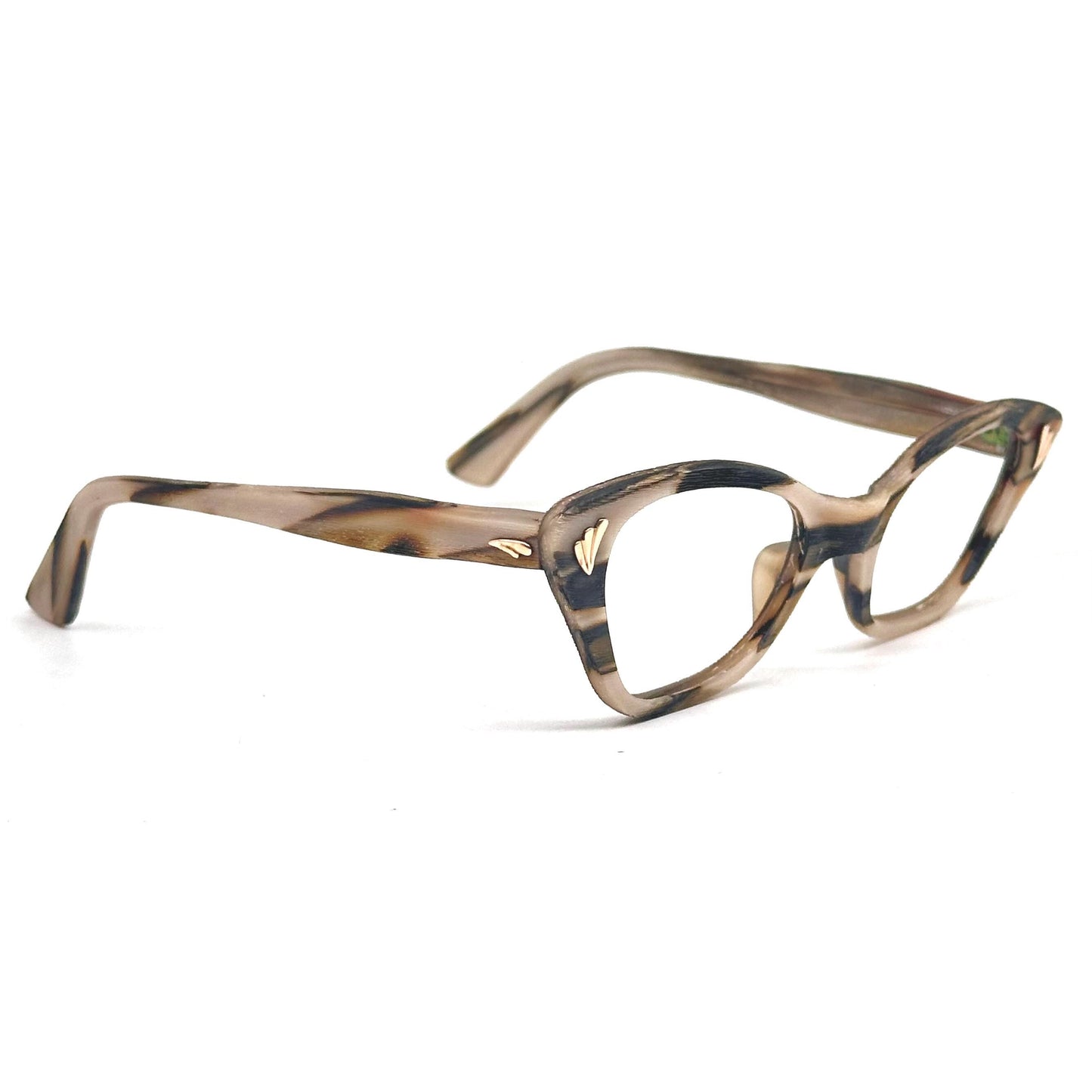 Baruffaldi 1950s PinUp Cateye glasses light wooden sand and brown effect acetate with golden leaves detail, NOS
