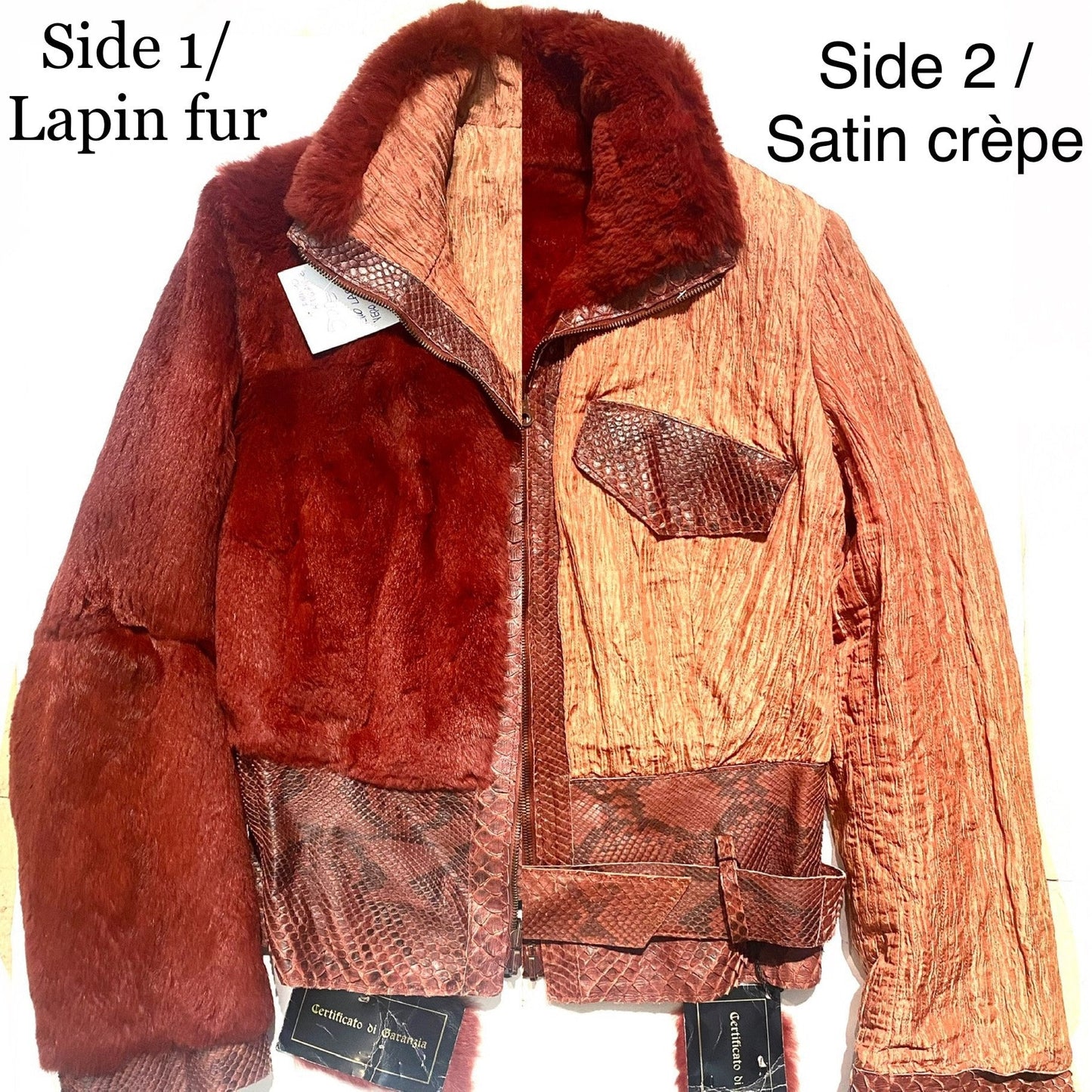 Artisanal 2 in 1 lapin fur / satin crèpe  jacket w python leather details, NOS 90s Italy sz 46