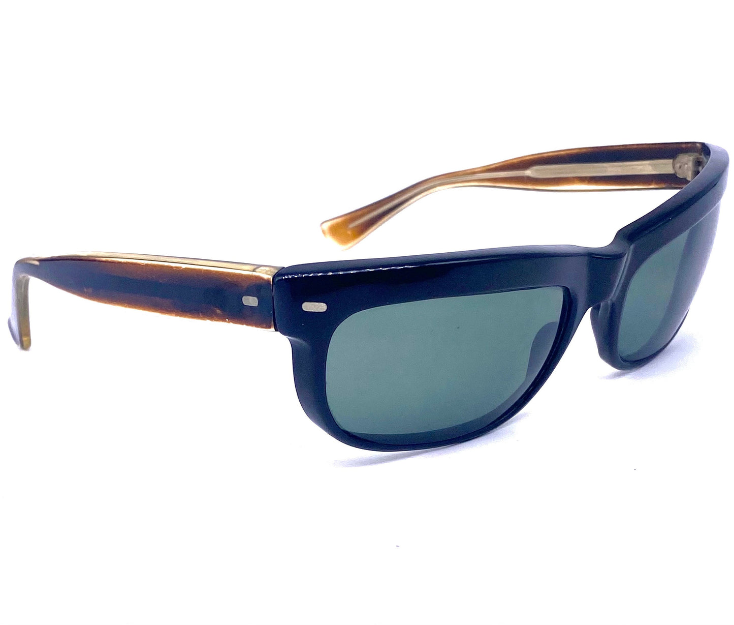 Prixol “Terminator” style sunglasses, sporty black wrap shades with brown temples, 1960s NOS Italy