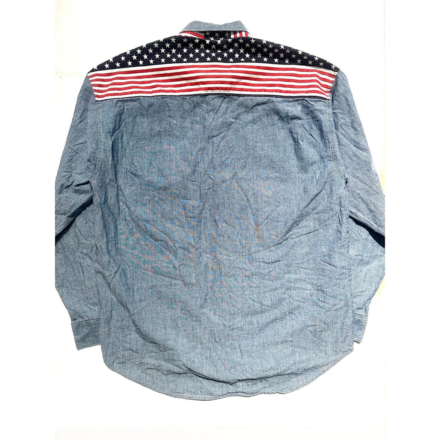 Biscote & Co denim shirt w US flag inserts at the collar, shoulders and cuffs, NoS 80s 2 pcs available.