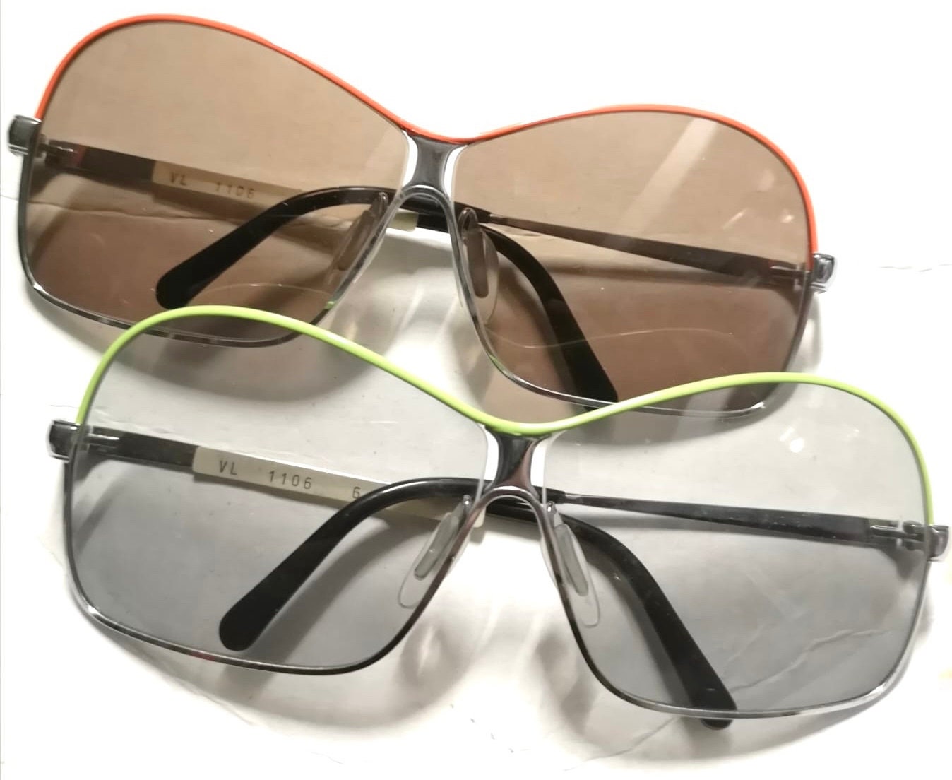 Viennaline 1106 oversized silver metal sunglasses w wavy brows enameled in orange or acid green, NOS 70s Mint