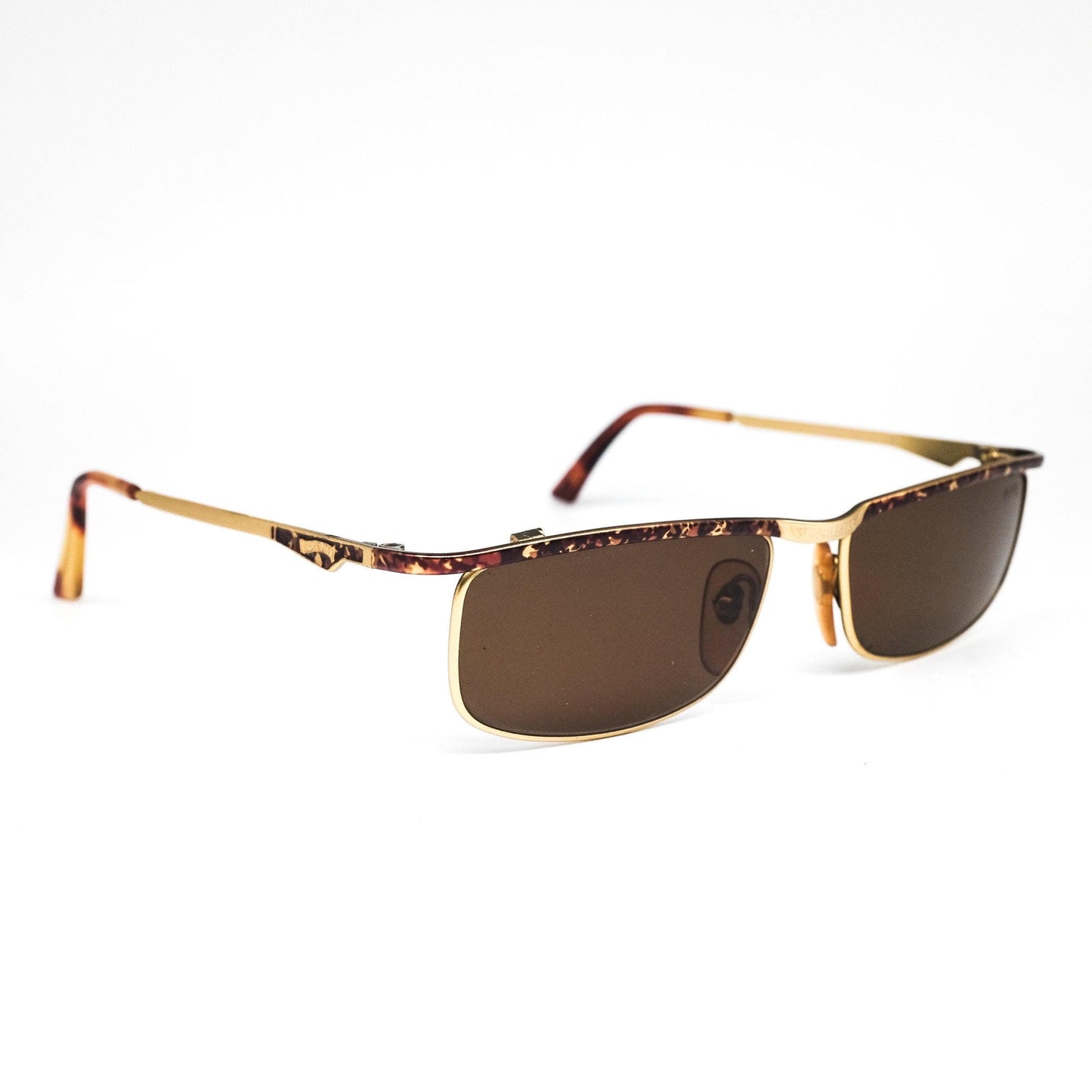 Winchester tortoise-gold square metal sunglasses, w carved-enameled details, NoS 80s.