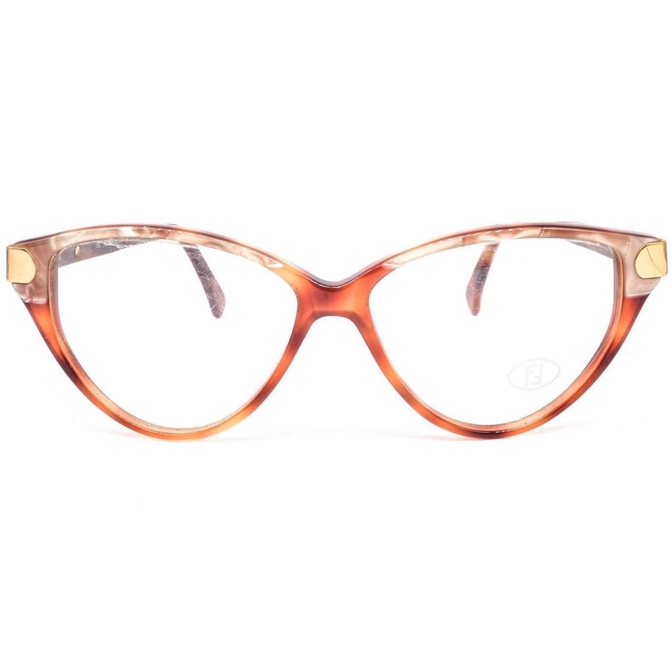 Fendi FV71 classic brown tortoise acetate cateye eyeglasses frames with golden hinges. NOS 80s Italy