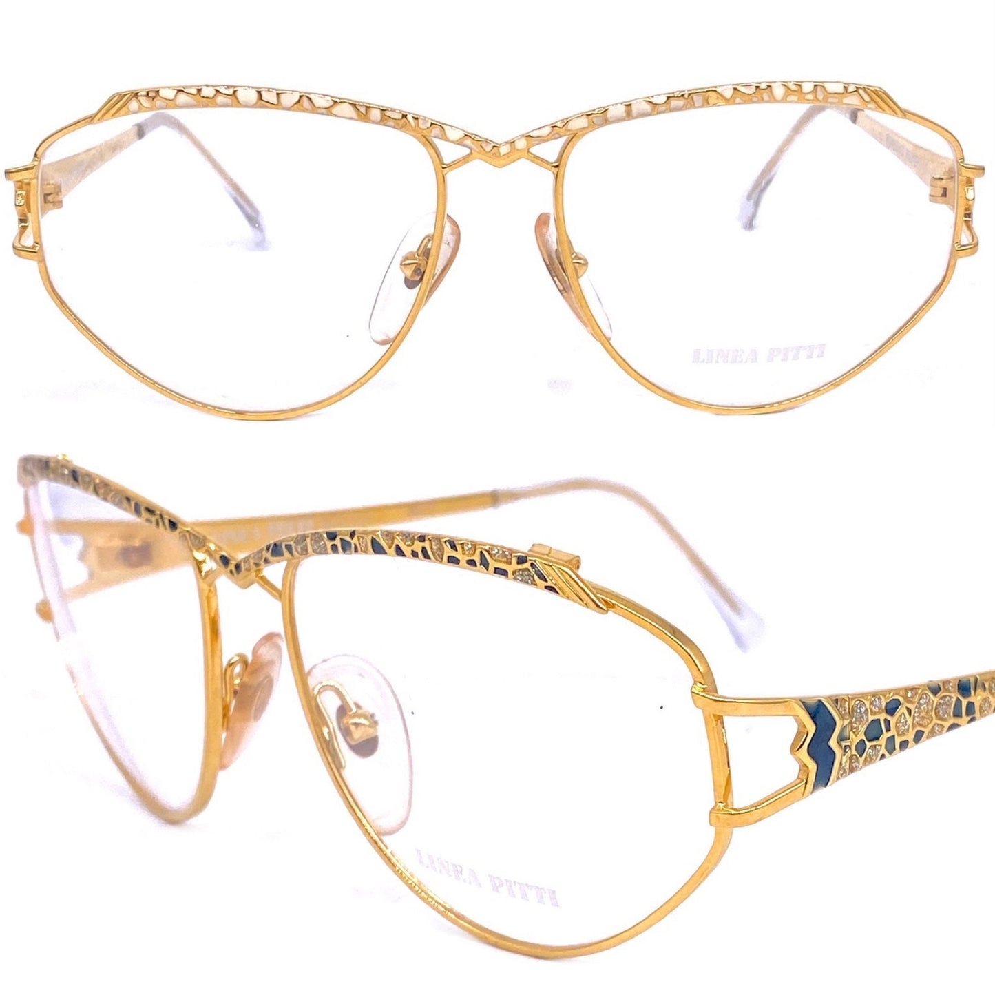 Florence Design oversized golden metal eyeglasses frames w-laqué details in 2 variations, NOS 80s
