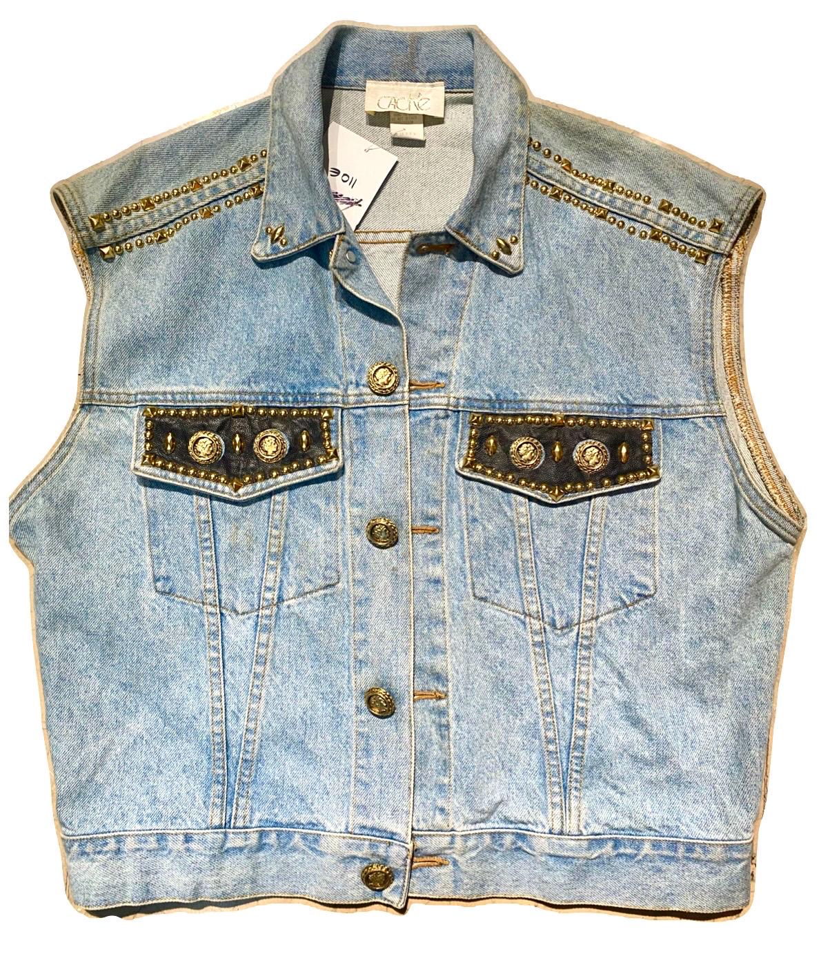 Caché USA light blue denim vest customised w leather, golden jewel buttons & studs, sz L