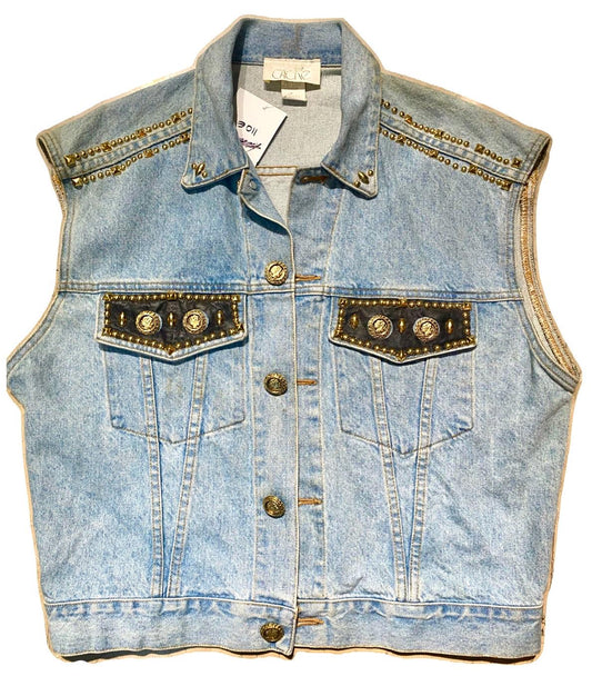 Caché USA light blue denim vest customised w leather, golden jewel buttons & studs, sz L