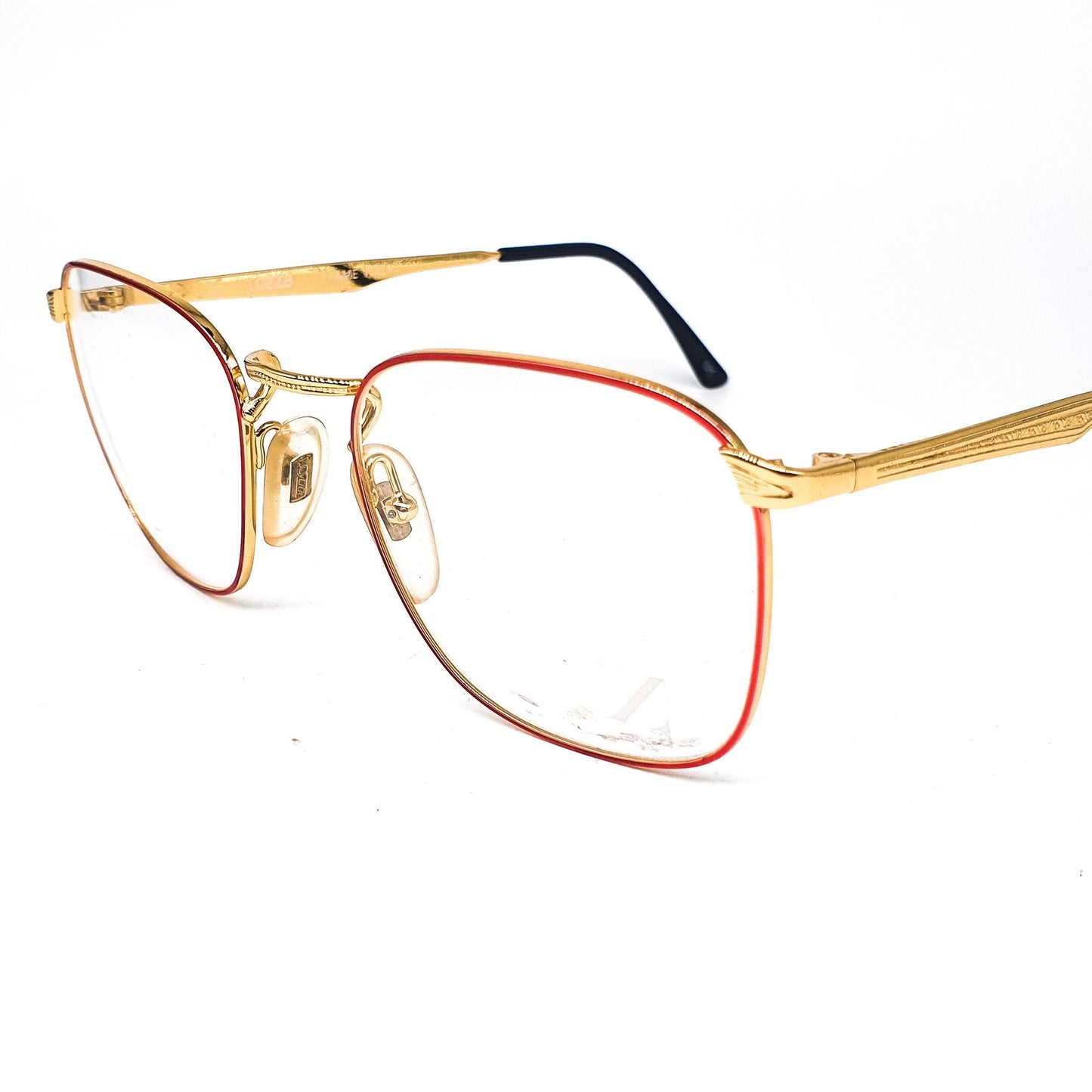 Lozza River square metallic eyeglasses frames with slim red rim and golden temples and nose bridge, 1970's  NOS Italy
