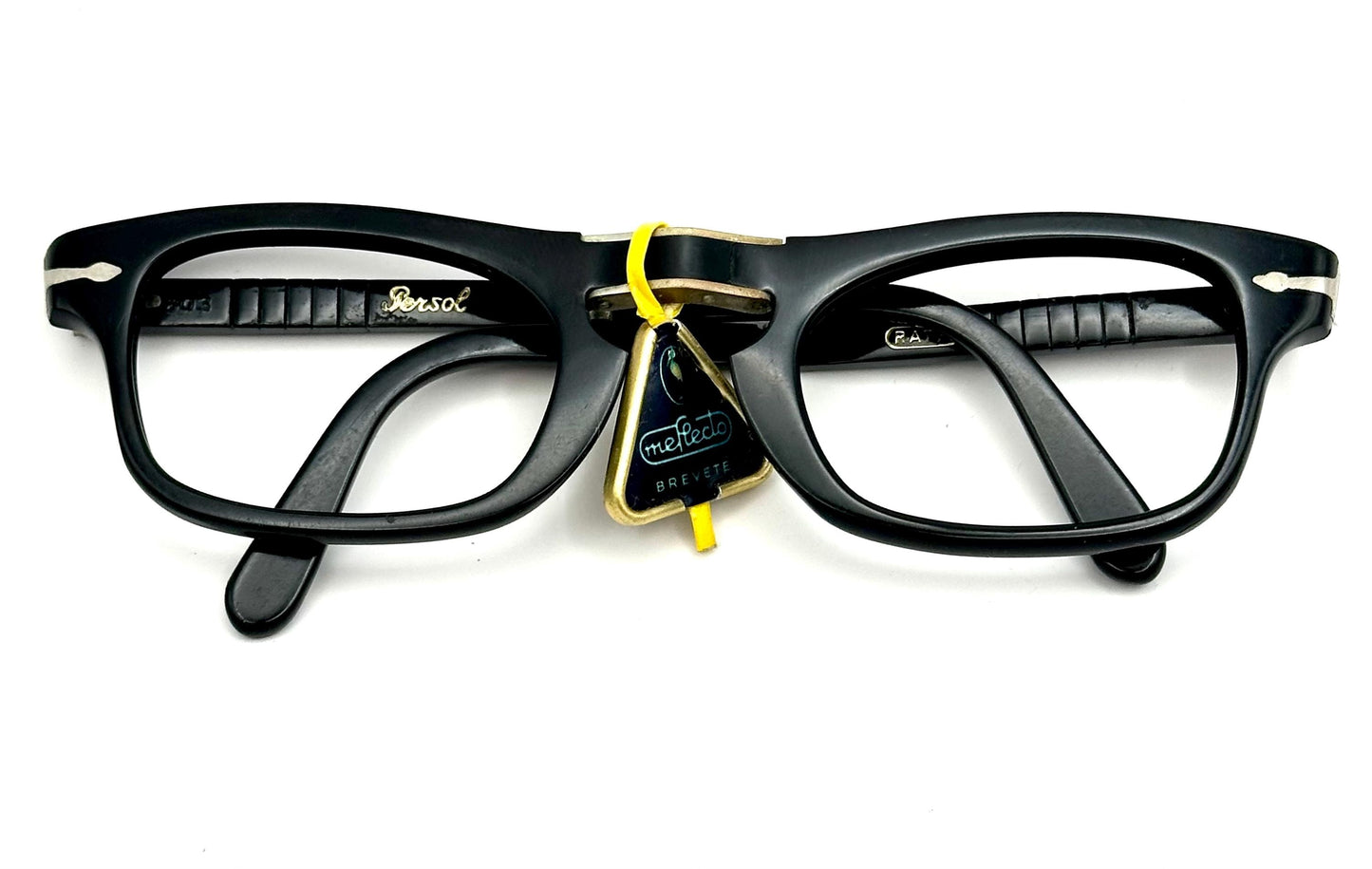 Persol 803 folding black cello rectangular frames w iconic arrow hinges, NOS 1960s Italy