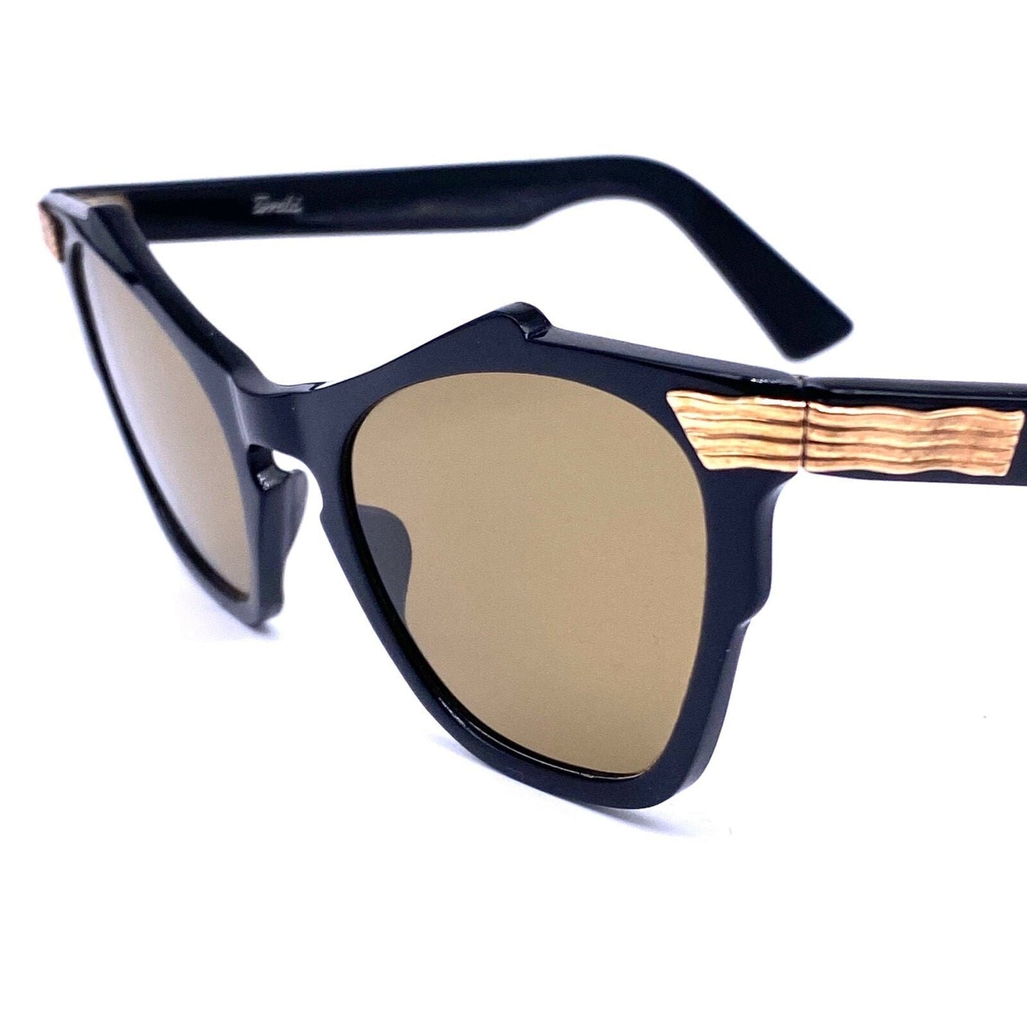 Errebi fancy vintage butterfly cateye sunglasses with carved golden metal hinges, NOS 50s Italy