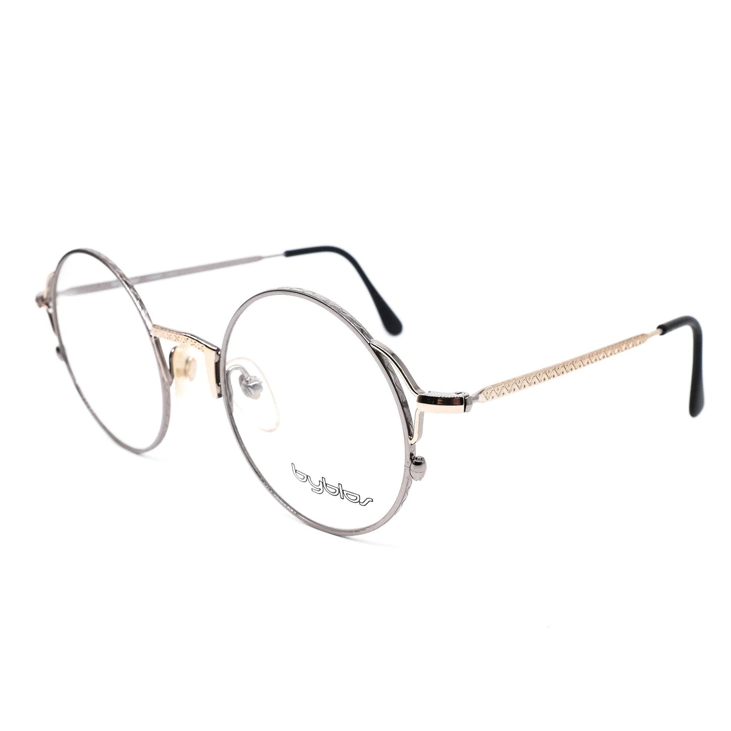Byblos b506 vintage large metallic round steampunk eyeglasses frames in silver metal with cut off hinges and golden bridges, NOS 80s Italy