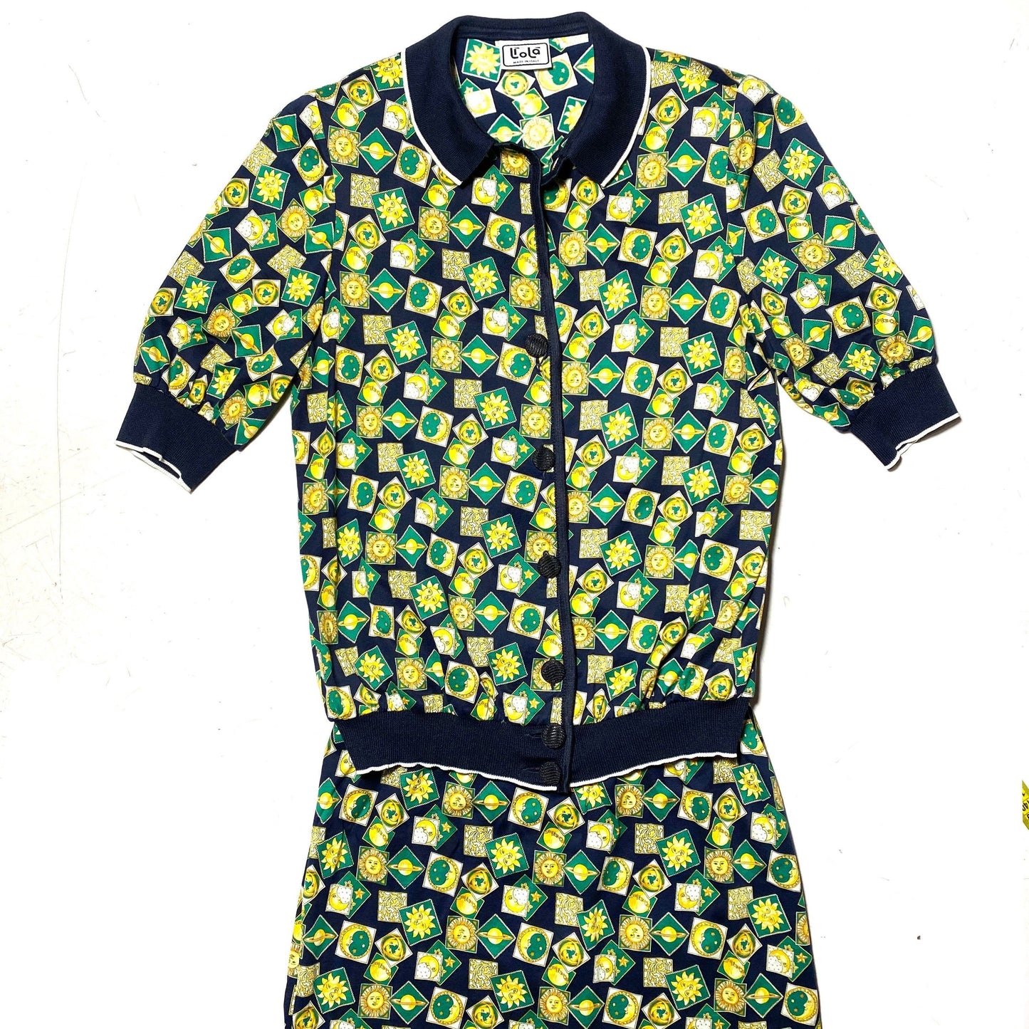 Liolà 2pcs polo/skirt set cotton dress with astology sun/moon/planets allover print, mint condition 80s Italy