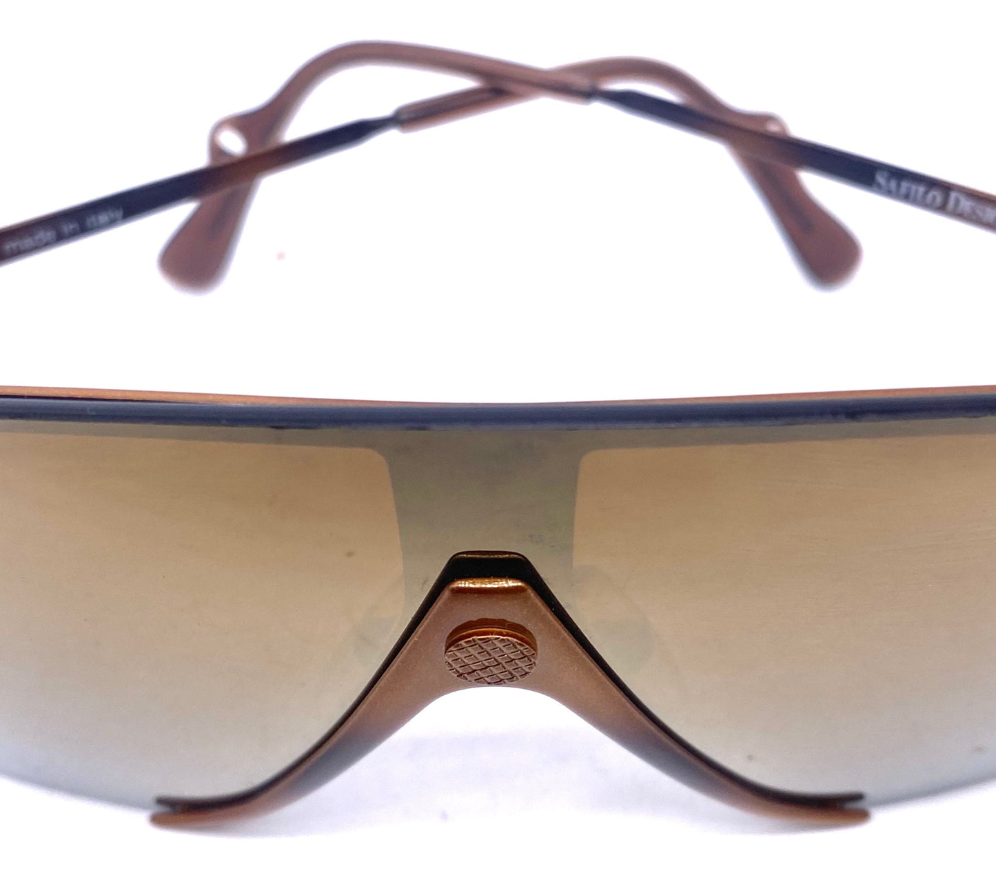 Safilo Design 027/P wrap aviator sunglasses, brown metallized mask-shield design with gold mirrored lens, NOS 80s
