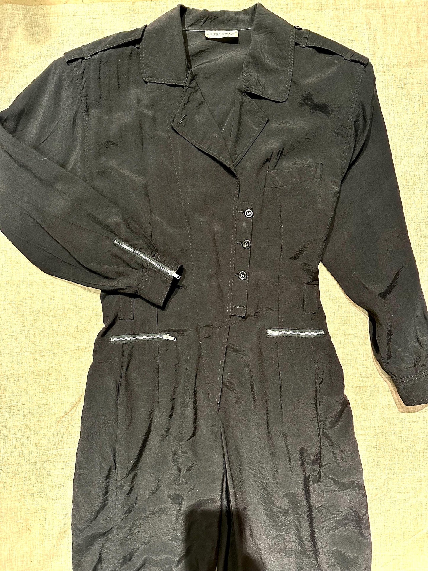 Louis London 1980s Fluid black jumpsuit w silver metal zippers, very contemporary look, sz M / DE36