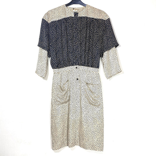 Kitai Como 60s pure silk black/white ecru polka dot blouson dress, mint condition.