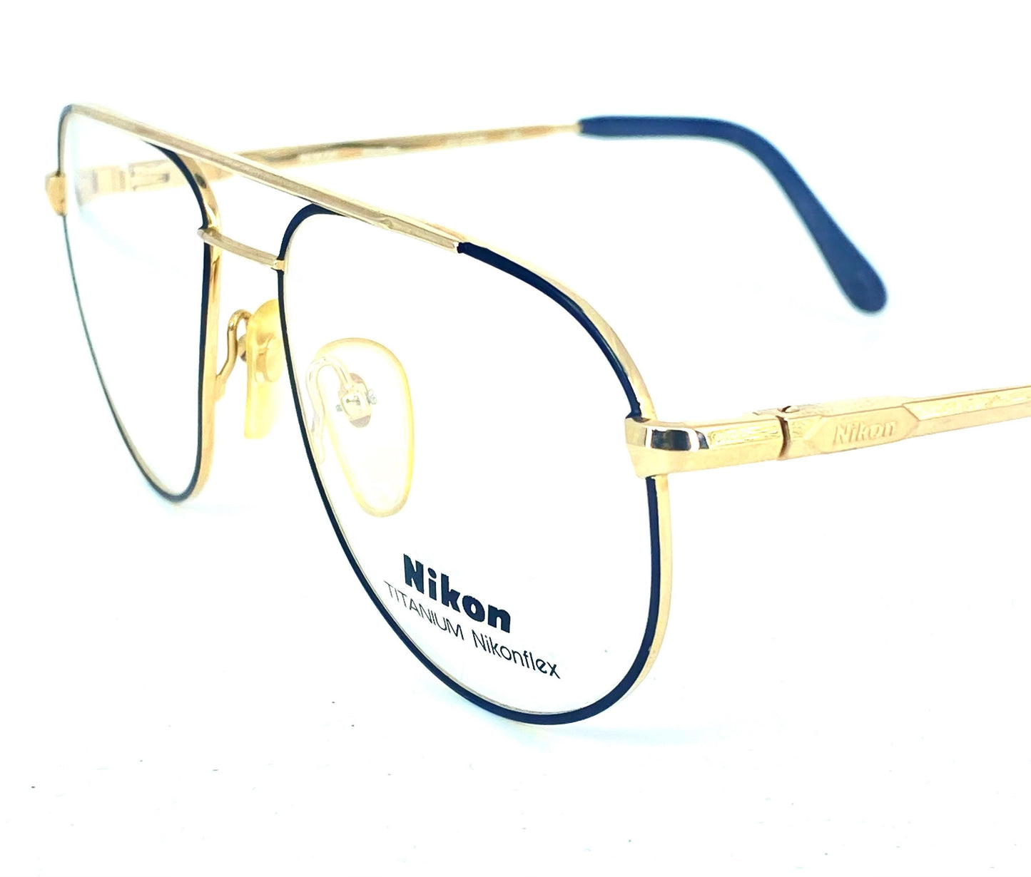 Nikon 4308 Japan classy gold titanium aviator frames w black enameled rims, NOS 80s mint