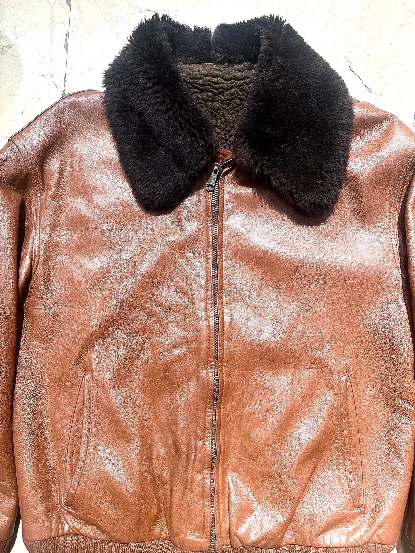 Tan leather flight style bomber jacket w/ faux fur lining & collar, mint condition sz 48