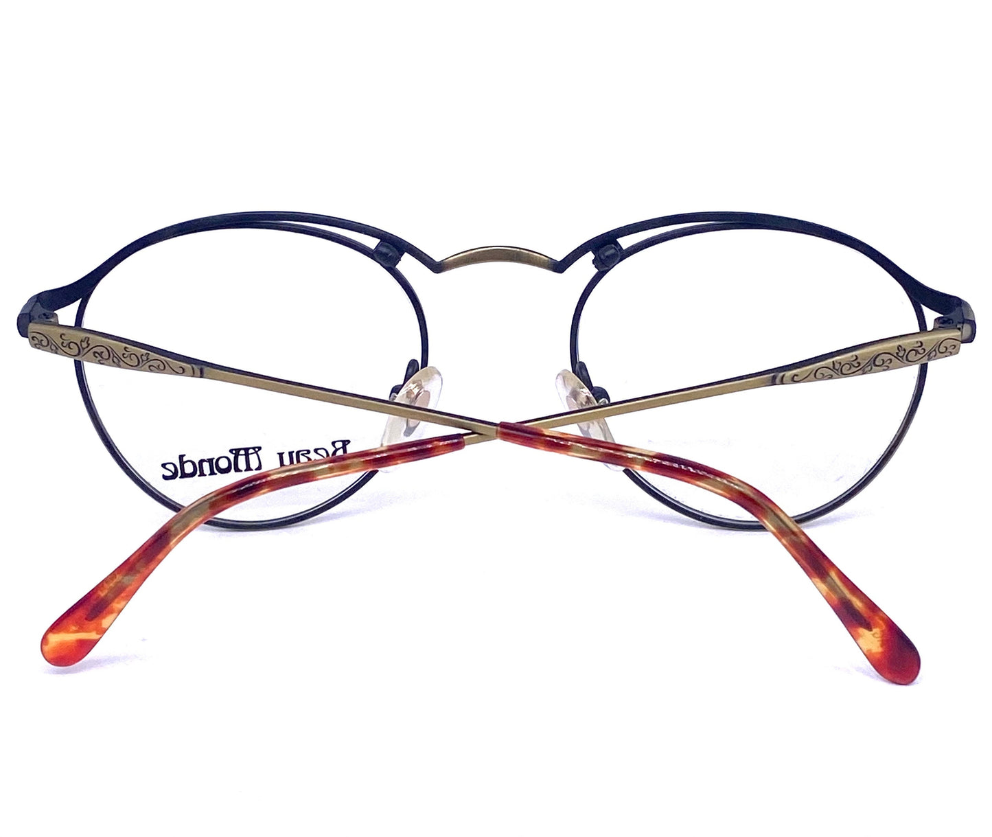 Beau Monde Chelsea luxury round-pantos eyeglasses frames in antiqued brass w- decó style carvings, NoS 80s Japan