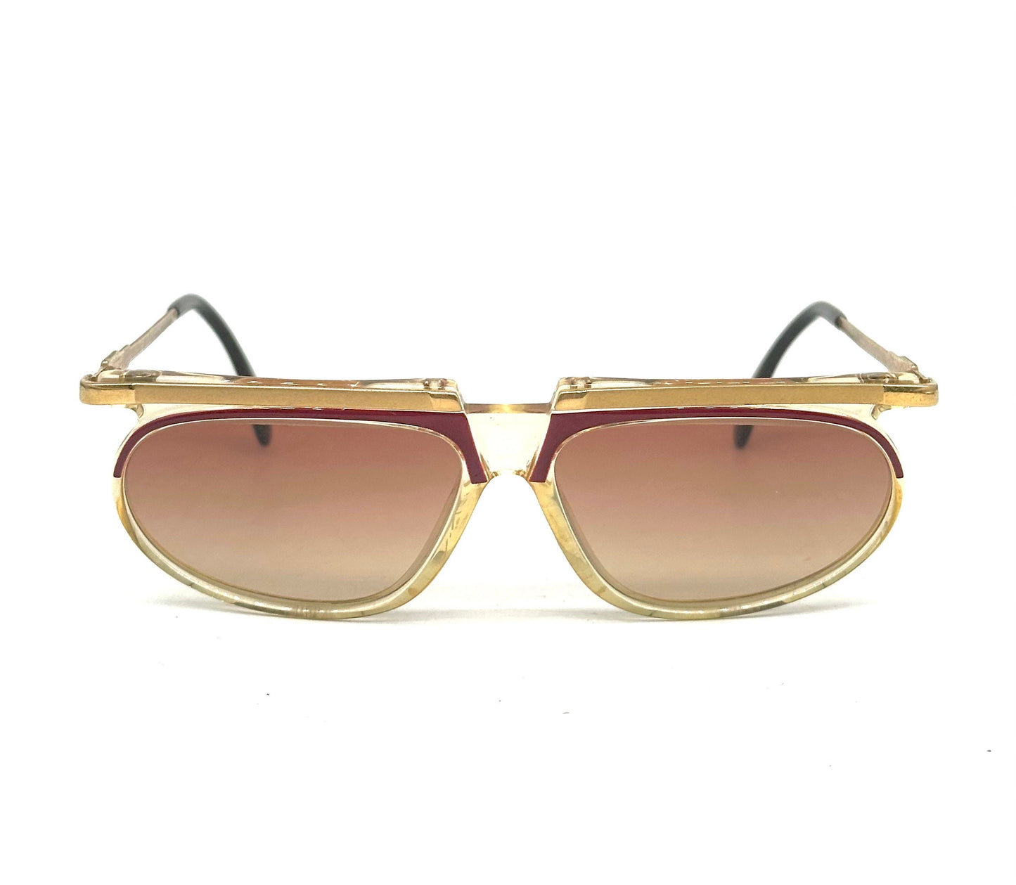 Cazal mod. 335 avant garde clear/red cello sunglasses w golden metal browline and temples, NOS 80s W Germany