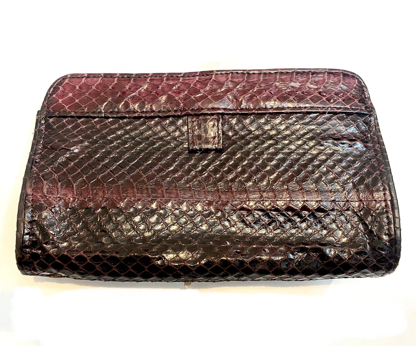 Snakeskin patchwork wallet, Venetian mask & skyline design, magnetic closure, NOS 80s Italy